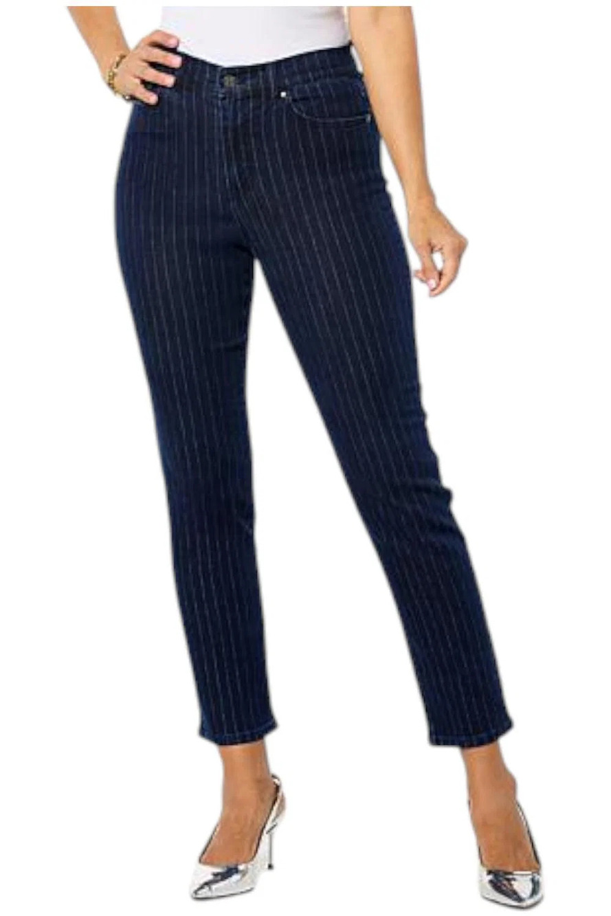 C Wonder Women's Metallic Stripe Slim Straight-Leg Jean Dark Indigo - Regular